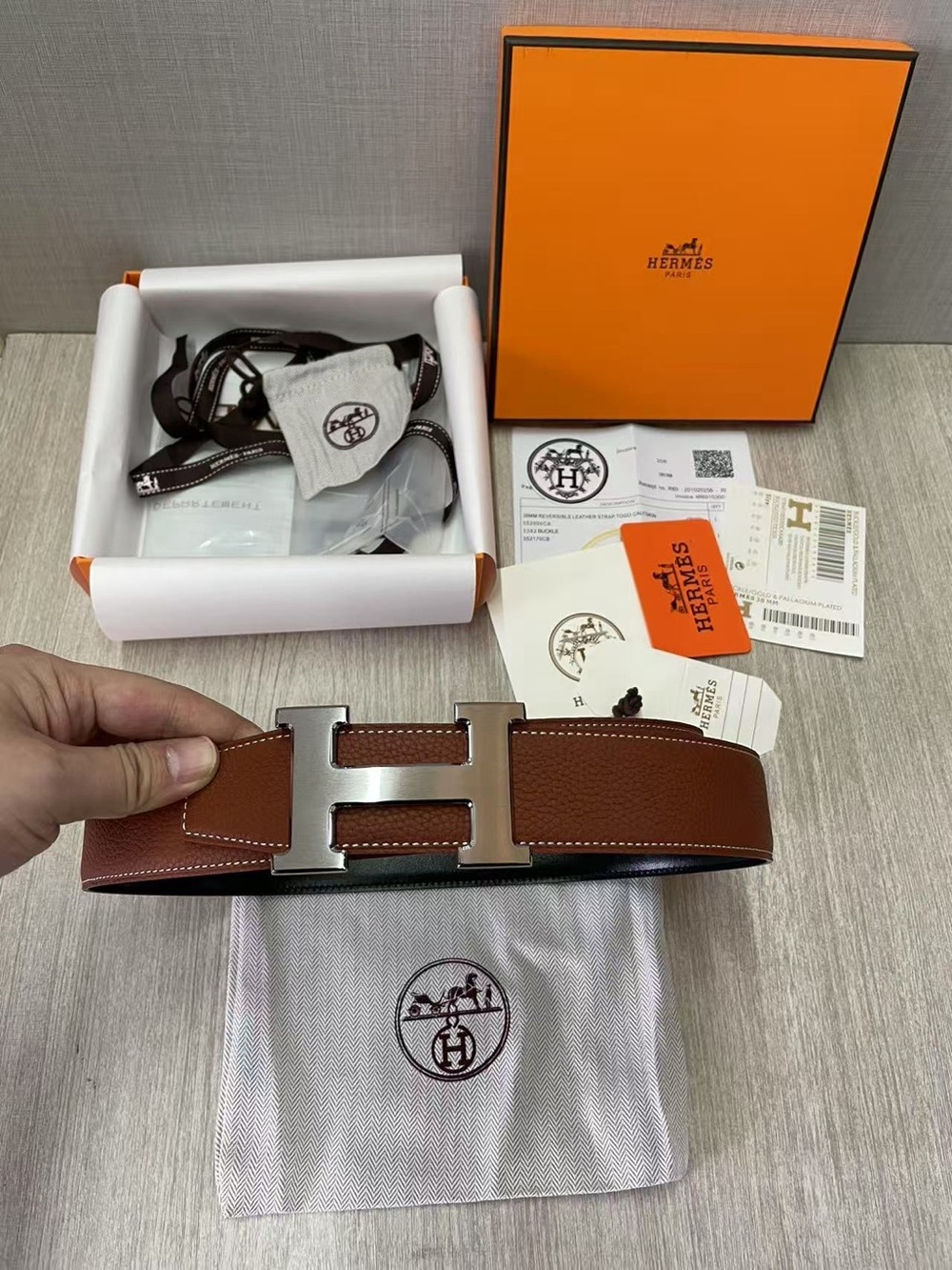 Hermes Brown Leather Belt with Silver H Buckle